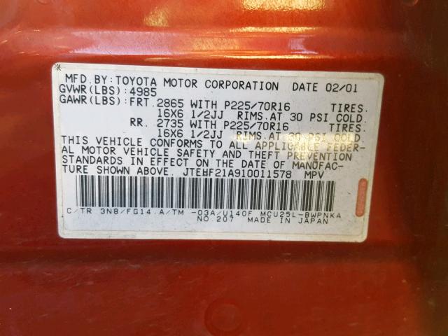 JTEHF21A910011578 - 2001 TOYOTA HIGHLANDER RED photo 10