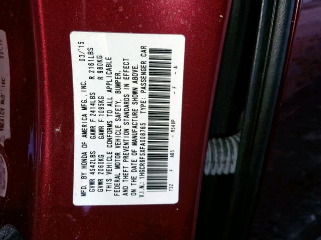 1HGCR6F5XFA008765 - 2015 HONDA ACCORD HYB MAROON photo 10