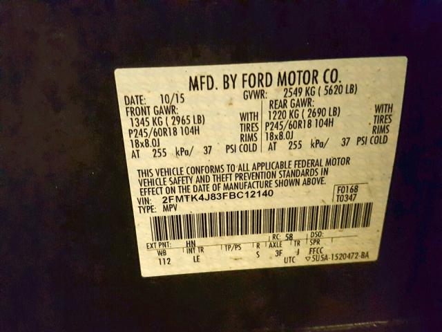 2FMTK4J83FBC12140 - 2015 FORD EDGE SEL GREEN photo 10