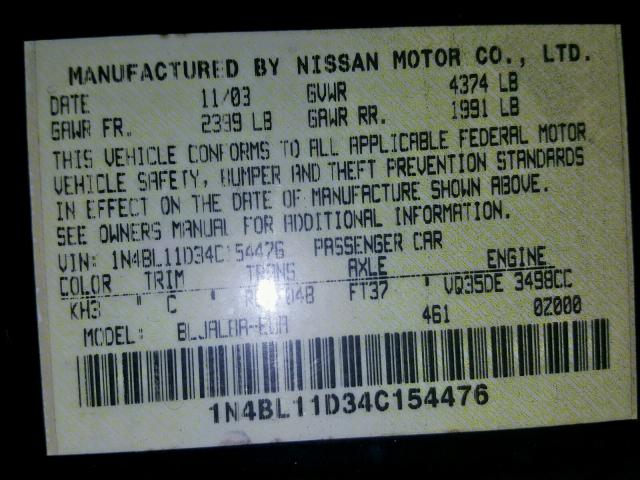 1N4BL11D34C154476 - 2004 NISSAN ALTIMA SE BLACK photo 10