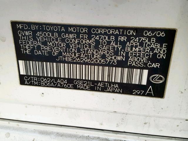 JTHBE262962005773 - 2006 LEXUS IS 350 WHITE photo 10