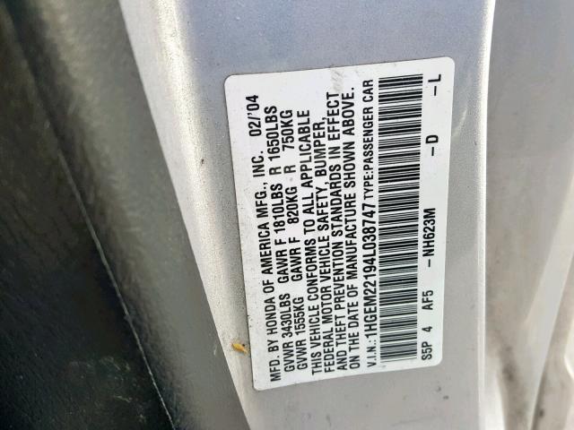 1HGEM22194L038747 - 2004 HONDA CIVIC DX V SILVER photo 10