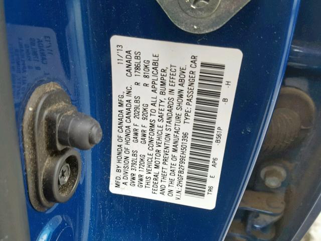 2HGFB2F99EH501396 - 2014 HONDA CIVIC EXL BLUE photo 10