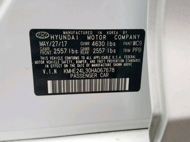 KMHE24L30HA067678 - 2017 HYUNDAI SONATA HYB WHITE photo 10