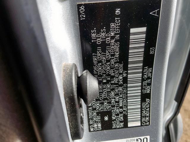 JTJBT20X670136116 - 2007 LEXUS GX 470 SILVER photo 10