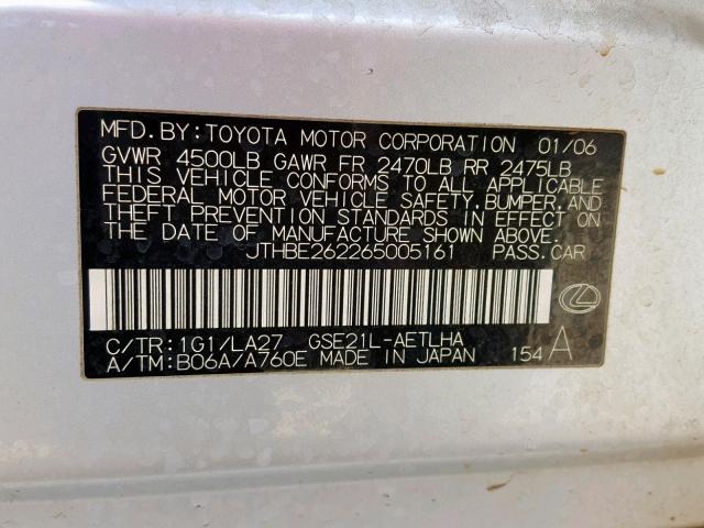 JTHBE262265005161 - 2006 LEXUS IS 350 SILVER photo 10