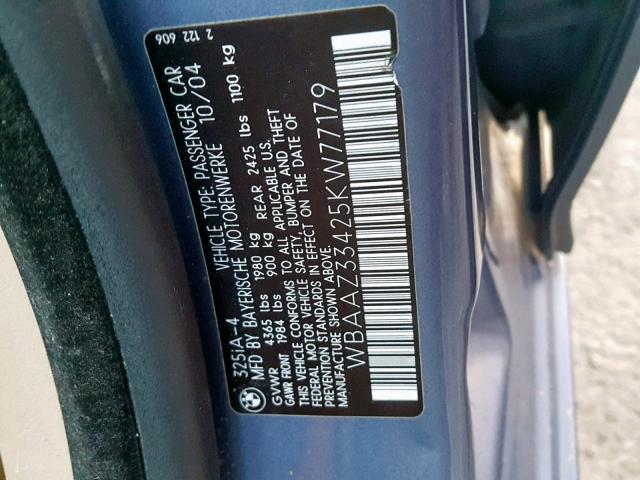 WBAAZ33425KW77179 - 2005 BMW 325 IS SUL BLUE photo 10