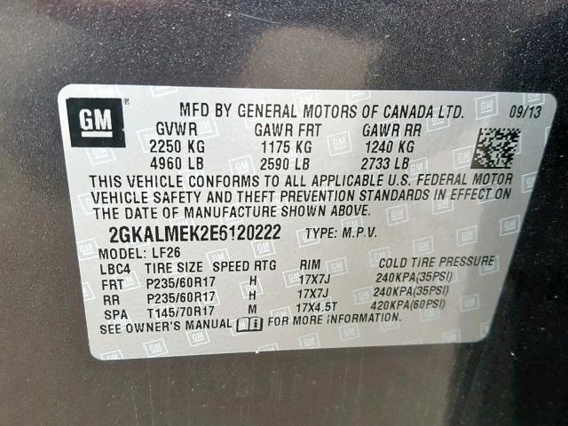 2GKALMEK2E6120222 - 2014 GMC TERRAIN SL GRAY photo 10