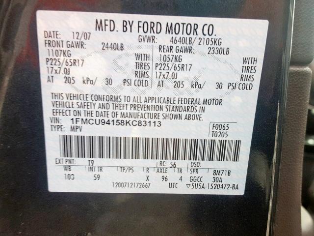 1FMCU94158KC83113 - 2008 FORD ESCAPE LIM GRAY photo 10