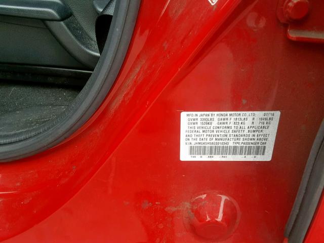 JHMGK5H58GS010343 - 2016 HONDA FIT LX RED photo 10