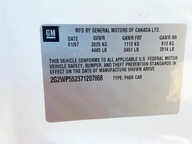 2G2WP552371207868 - 2007 PONTIAC GRAND PRIX WHITE photo 10