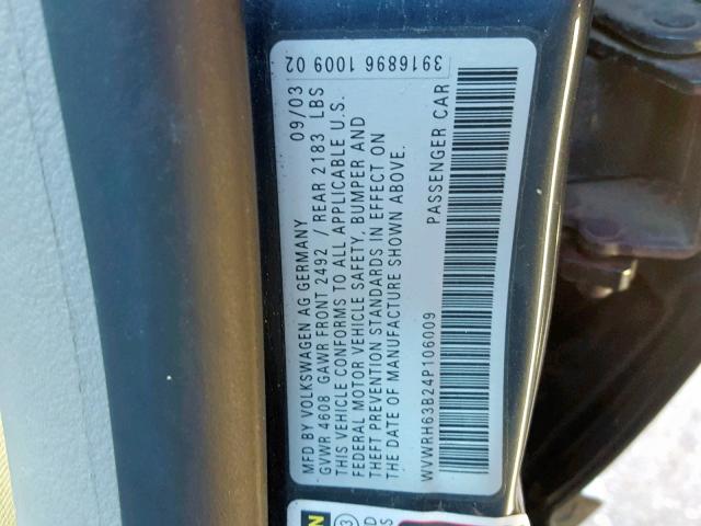 WVWRH63B24P106009 - 2004 VOLKSWAGEN PASSAT GLX 石墨色 照片 10
