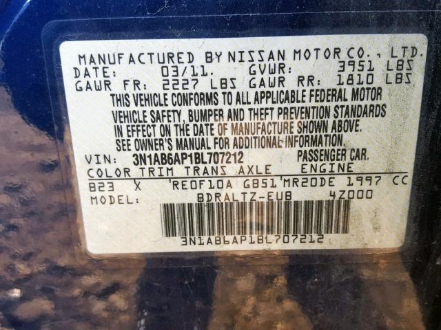 3N1AB6AP1BL707212 - 2011 NISSAN SENTRA 2.0 BLUE photo 10