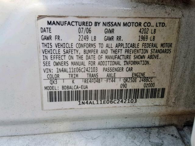 1N4AL11E06C242103 - 2006 NISSAN ALTIMA S WHITE photo 10