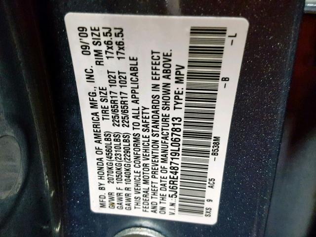 5J6RE48719L067813 - 2009 HONDA CR-V EXL SILVER photo 10