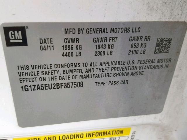 1G1ZA5EU2BF357508 - 2011 CHEVROLET MALIBU LS თეთრი ფოტო 10