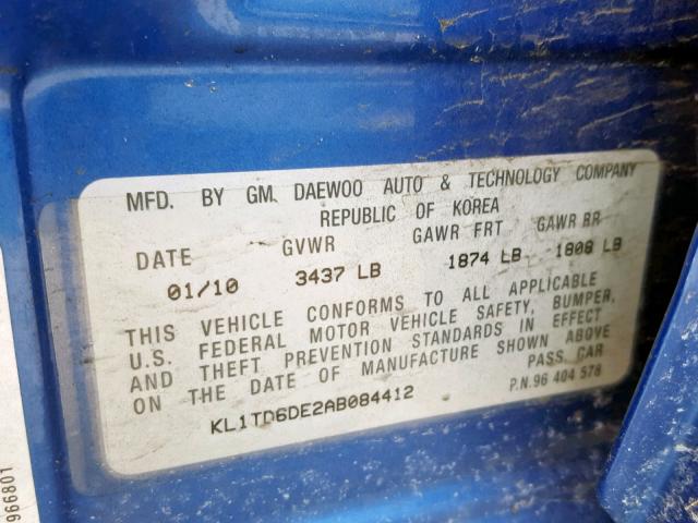 KL1TD6DE2AB084412 - 2010 CHEVROLET AVEO LS BLUE photo 10