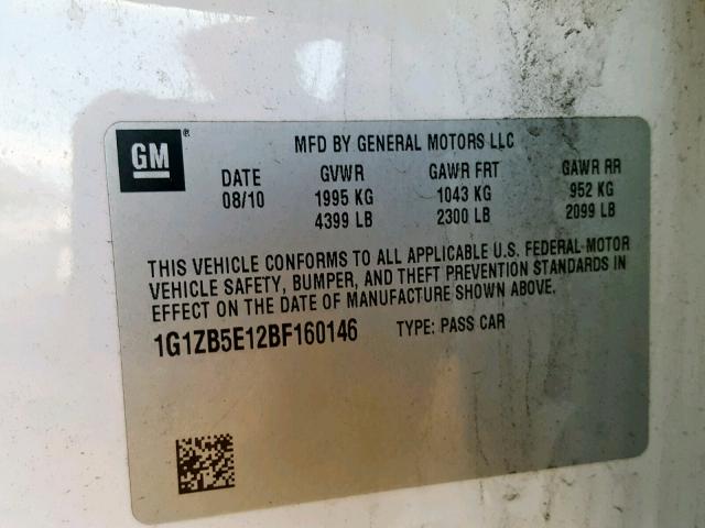 1G1ZB5E12BF160146 - 2011 CHEVROLET MALIBU LS თეთრი ფოტო 10