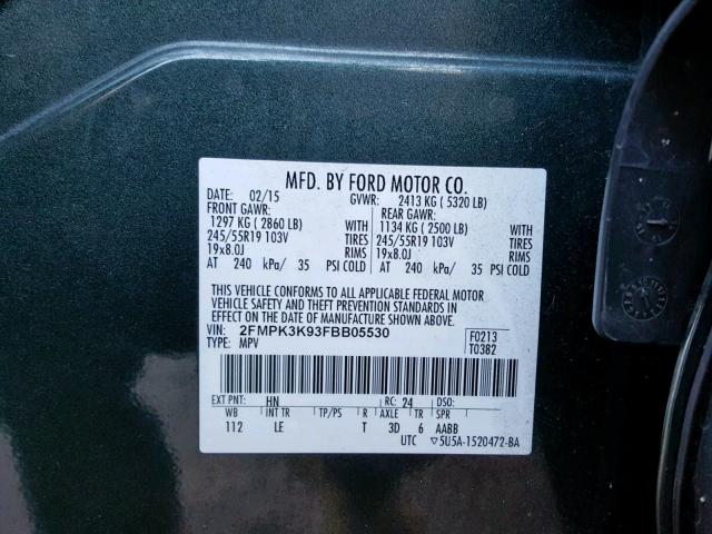 2FMPK3K93FBB05530 - 2015 FORD EDGE TITAN GREEN photo 10