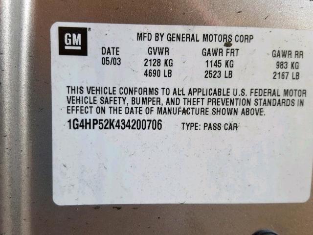 1G4HP52K434200706 - 2003 BUICK LESABRE CU GOLD photo 10