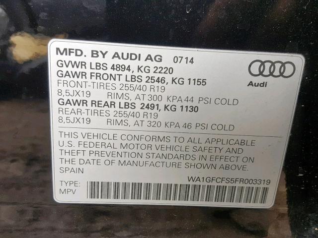 WA1GFCFS5FR003319 - 2015 AUDI Q3 PRESTIG BLACK photo 10