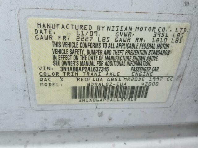 3N1AB6AP2AL637315 - 2010 NISSAN SENTRA 2.0 WHITE photo 10