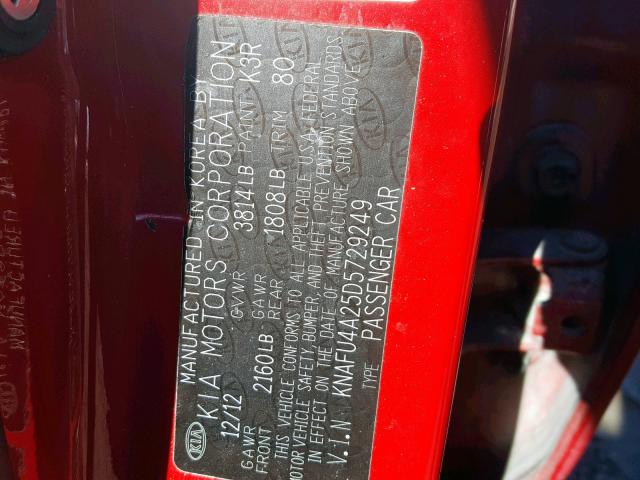 KNAFU4A25D5729249 - 2013 KIA FORTE EX RED photo 10