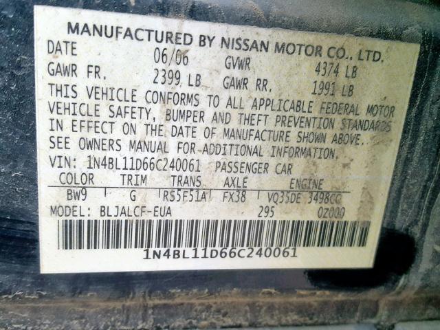 1N4BL11D66C240061 - 2006 NISSAN ALTIMA SE BLACK photo 10