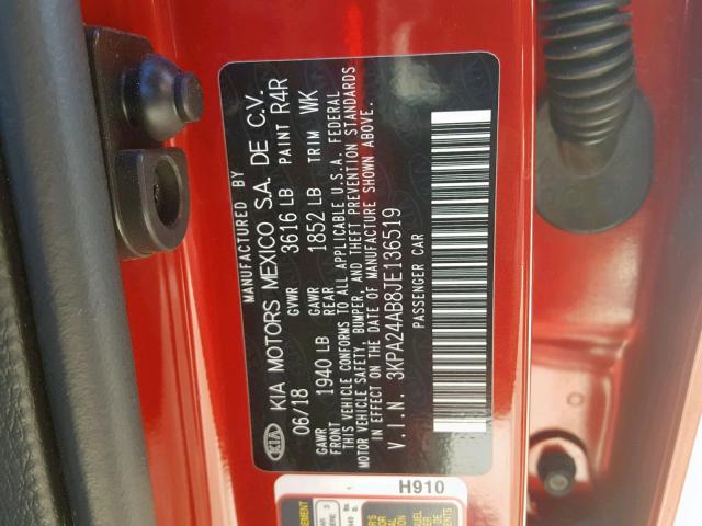 3KPA24AB8JE136519 - 2018 KIA RIO LX RED photo 10