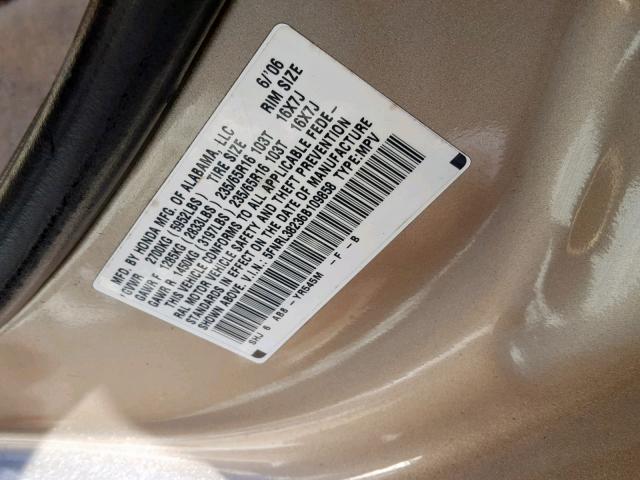 5FNRL38236B109858 - 2006 HONDA ODYSSEY LX GOLD photo 10