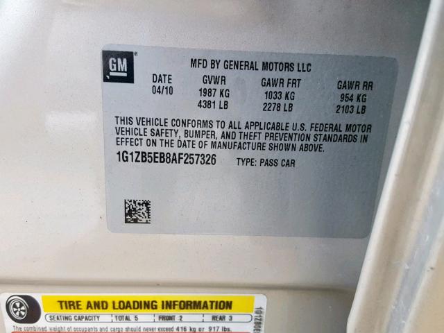 1G1ZB5EB8AF257326 - 2010 CHEVROLET MALIBU LS CREAM photo 10