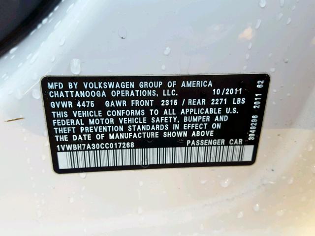 1VWBH7A30CC017268 - 2012 VOLKSWAGEN PASSAT SE WHITE photo 10