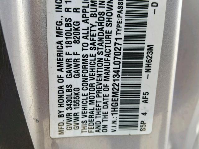 1HGEM22134L070271 - 2004 HONDA CIVIC DX V SILVER photo 10