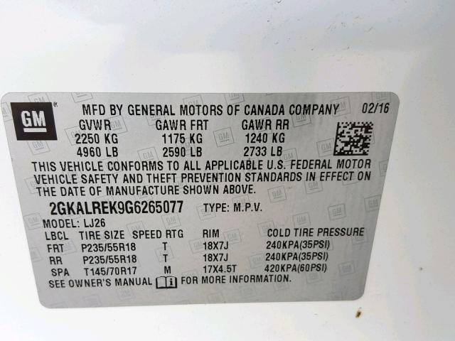 2GKALREK9G6265077 - 2016 GMC TERRAIN DE WHITE photo 10