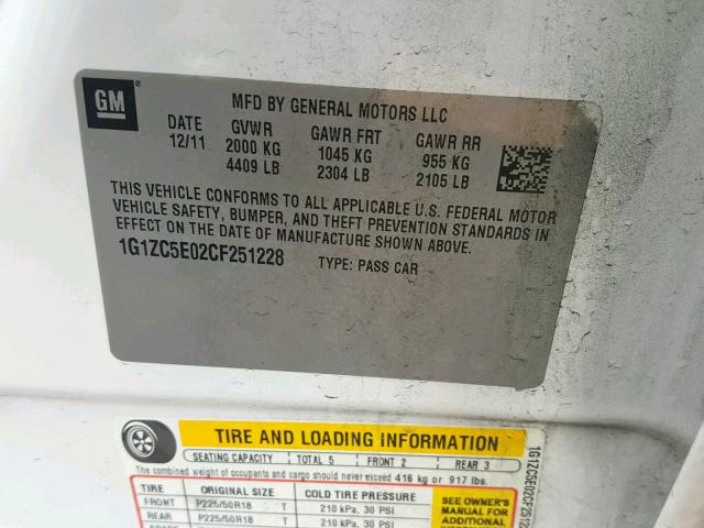 1G1ZC5E02CF251228 - 2012 CHEVROLET MALIBU 1LT WHITE photo 10