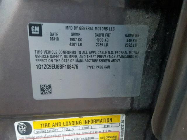 1G1ZC5EU6BF108476 - 2011 CHEVROLET MALIBU 1LT 灰色 照片 10