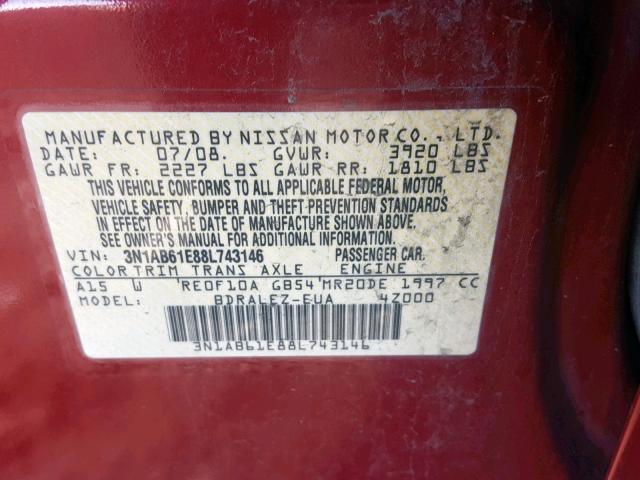 3N1AB61E88L743146 - 2008 NISSAN SENTRA 2.0 RED photo 10