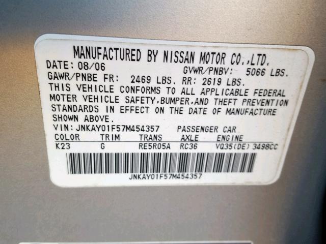 JNKAY01F57M454357 - 2007 INFINITI M35 BASE SILVER photo 10