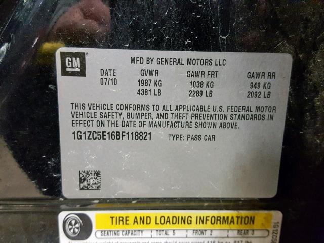 1G1ZC5E16BF118821 - 2011 CHEVROLET MALIBU 1LT CHARCOAL photo 10