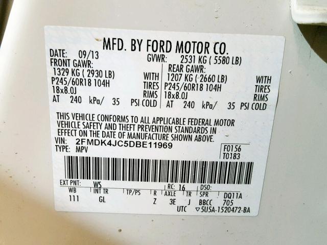 2FMDK4JC5DBE11969 - 2013 FORD EDGE SEL WHITE photo 10