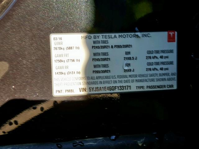 5YJSA1E46GF133171 - 2016 TESLA MODEL S BLACK photo 10