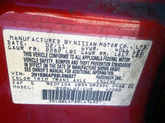 3N1BB6AP8BL696827 - 2011 NISSAN SENTRA SE- RED photo 10