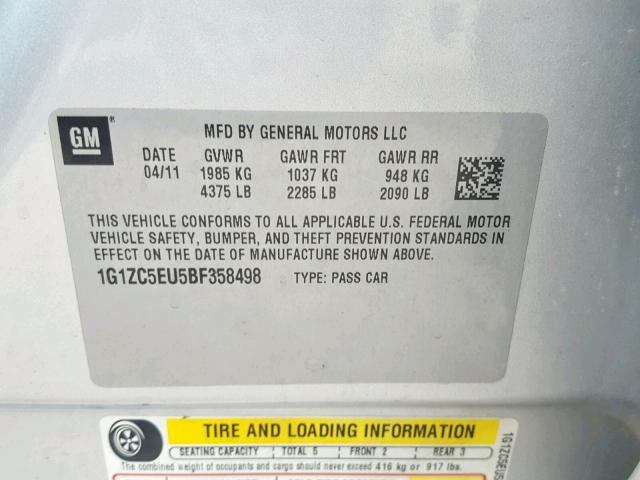 1G1ZC5EU5BF358498 - 2011 CHEVROLET MALIBU 1LT SILVER photo 10