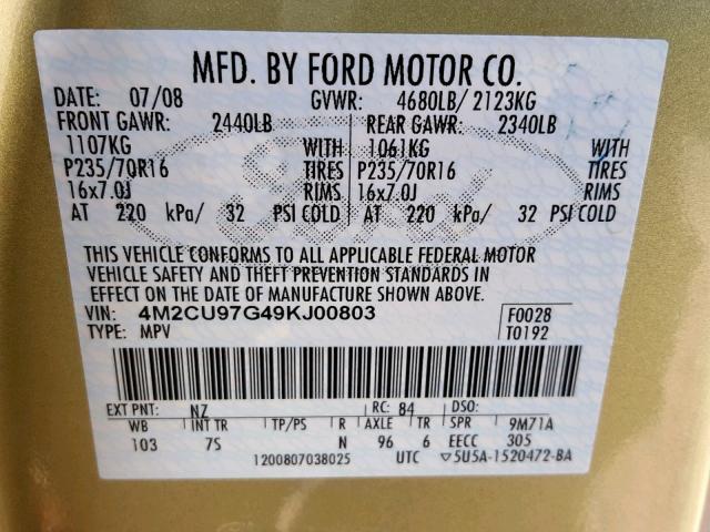 4M2CU97G49KJ00803 - 2009 MERCURY MARINER PR GREEN photo 10