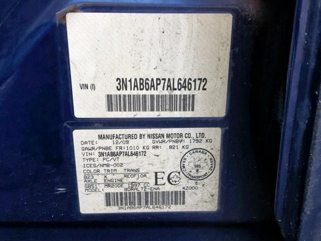 3N1AB6AP7AL646172 - 2010 NISSAN SENTRA 2.0 BLUE photo 10