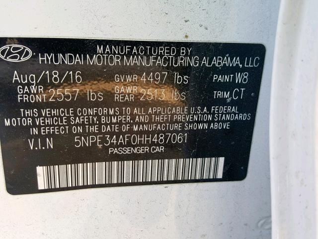 5NPE34AF0HH487061 - 2017 HYUNDAI SONATA SPO WHITE photo 10