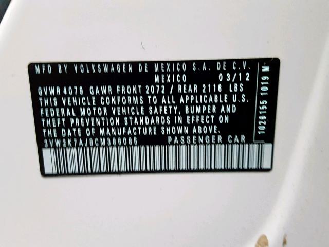 3VW2K7AJ8CM386085 - 2012 VOLKSWAGEN JETTA BASE 白色 照片 10