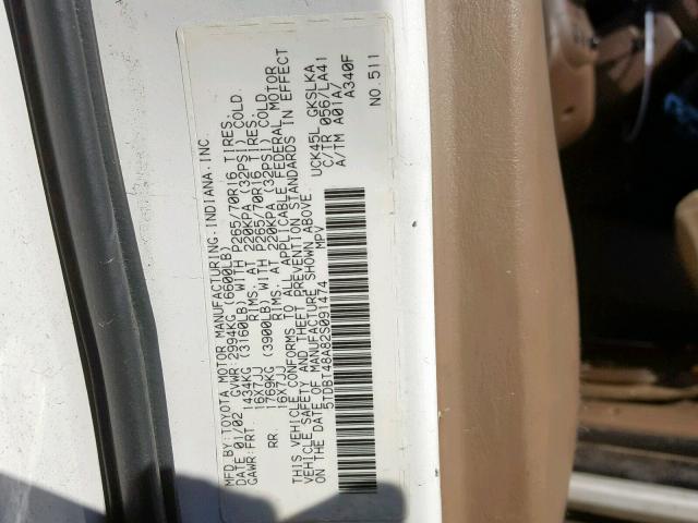 5TDBT48A82S091474 - 2002 TOYOTA SEQUOIA LI WHITE photo 10