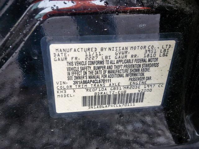 3N1AB6AP4CL670111 - 2012 NISSAN SENTRA 2.0 BLACK photo 10