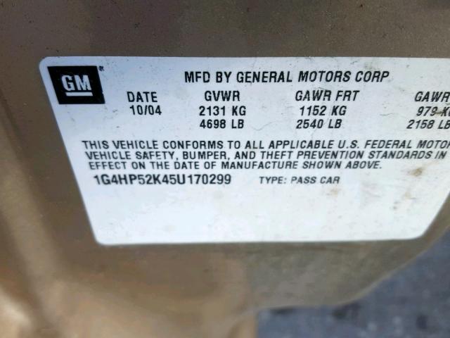 1G4HP52K45U170299 - 2005 BUICK LESABRE CU GOLD photo 10